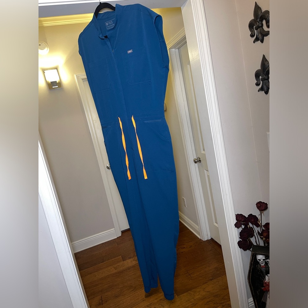 FIGS Rafaela Cargo Jogger Jumpsuit- DARK TEAL WITH NEON ORANGE TIES